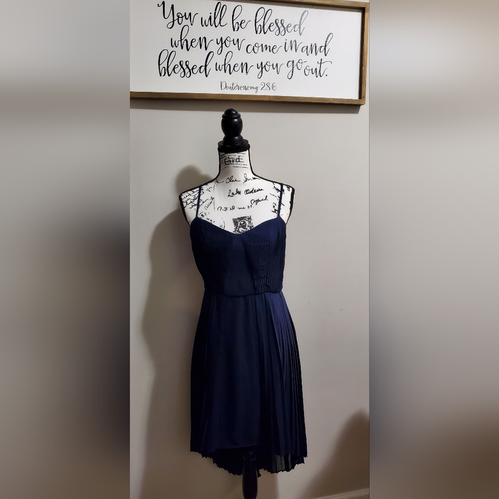 NWOT Minuet Sleeveless Navy Hi-Lo Pleated Dress Size Medium